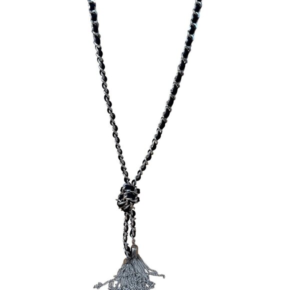 Guess Black & Silver Chain Tassel Necklace With Knot Design Adjustable Length Fa - Picture 2 of 12